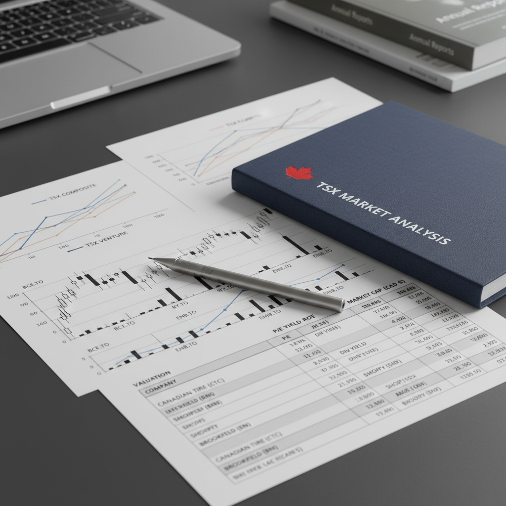 An overhead, photographic shot of a dark charcoal desktop where several printed pages display crisp candlestick charts, line graphs, and valuation tables labeled with Canadian stock symbols and TSX index references. A slim, brushed-aluminum mechanical pencil lies diagonally across one chart, while a small, red maple leaf icon is embossed in the corner of a structured, navy-blue financial report folder. Diffused daylight from above and slightly to the right creates soft, even illumination with minimal shadows, emphasizing the clarity of the printed data. A muted, blurred background of a closed laptop and a neatly stacked set of annual reports provides subtle context without distraction. The mood is methodical and data-driven, in a professional, minimalist, photographic realism style ideal for illustrating analytical stock commentary.