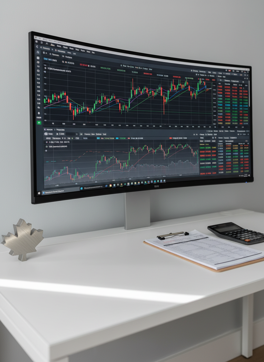 A close-up, photographic view of a minimalist white desk set against a soft grey wall, featuring a large, ultra-wide monitor displaying a detailed multi-colored stock market dashboard focused on Canadian tickers and TSX indices. Next to the monitor sits a dark matte calculator, a tidy stack of neatly clipped financial statements, and a small, tasteful metal sculpture of a maple leaf, brushed steel with subtle texture. Soft morning light from an unseen window to the left casts gentle, natural highlights across the desk and creates mild shadows behind the objects. The composition uses the rule of thirds, with a shallow depth of field slightly blurring the far edge of the desk. The mood is calm, organized, and analytical, reflecting a CFO’s measured approach to Canadian markets in a clean, modern, photographic realism style.